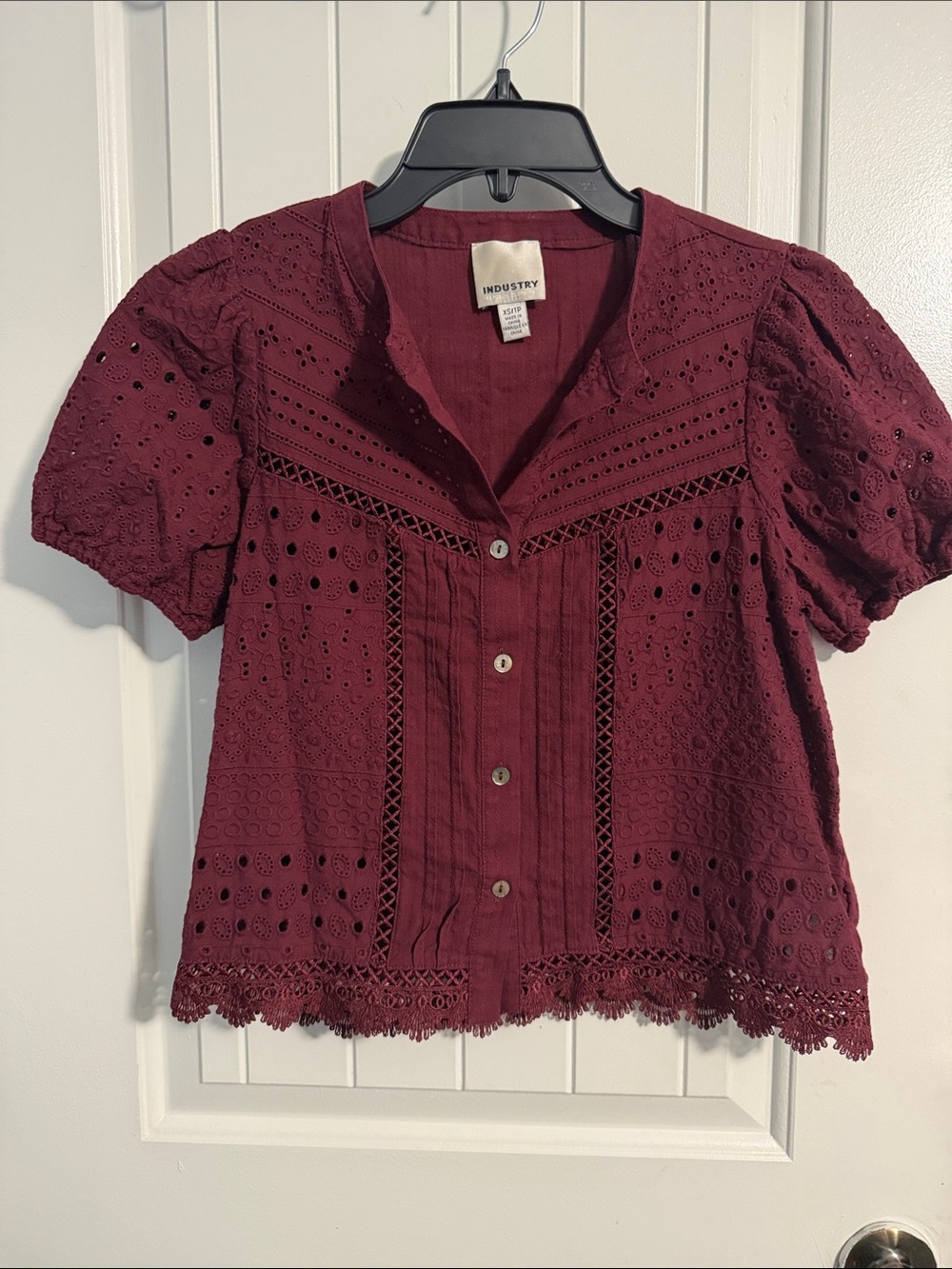 Eyelet Button-Down Top in Wine by Industry